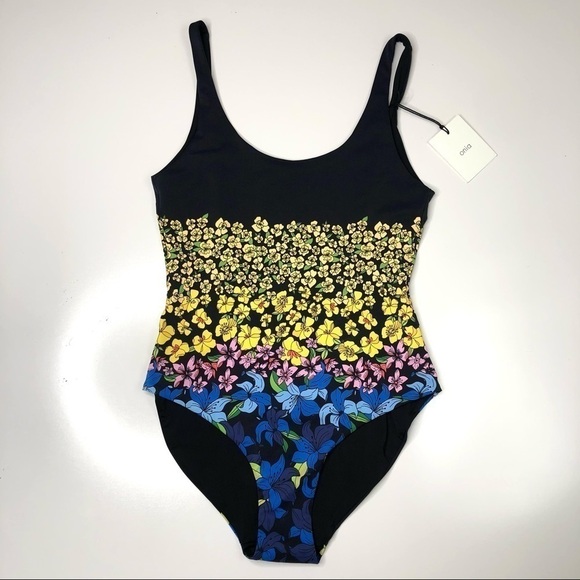 NEW Onia Rachel Floral Yellow Blue Pink Flower Black Stretchy One Piece Swimsuit - Picture 2 of 16